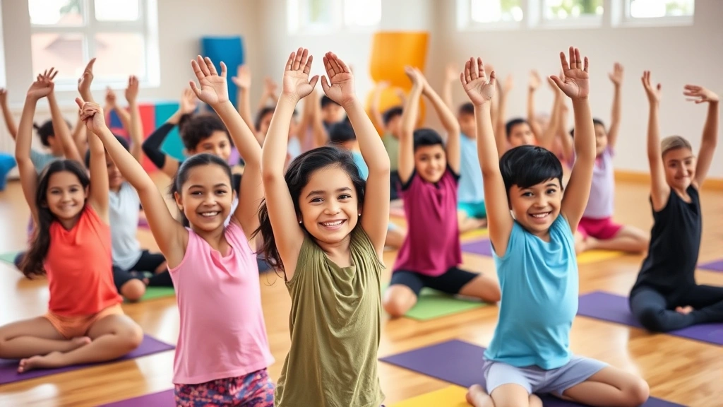 Group of children doing yoga or stretching in a colorful gym class, diverse ages and ethnicities, smiling and engaged, wellness-focused environment with natural light and wooden floors