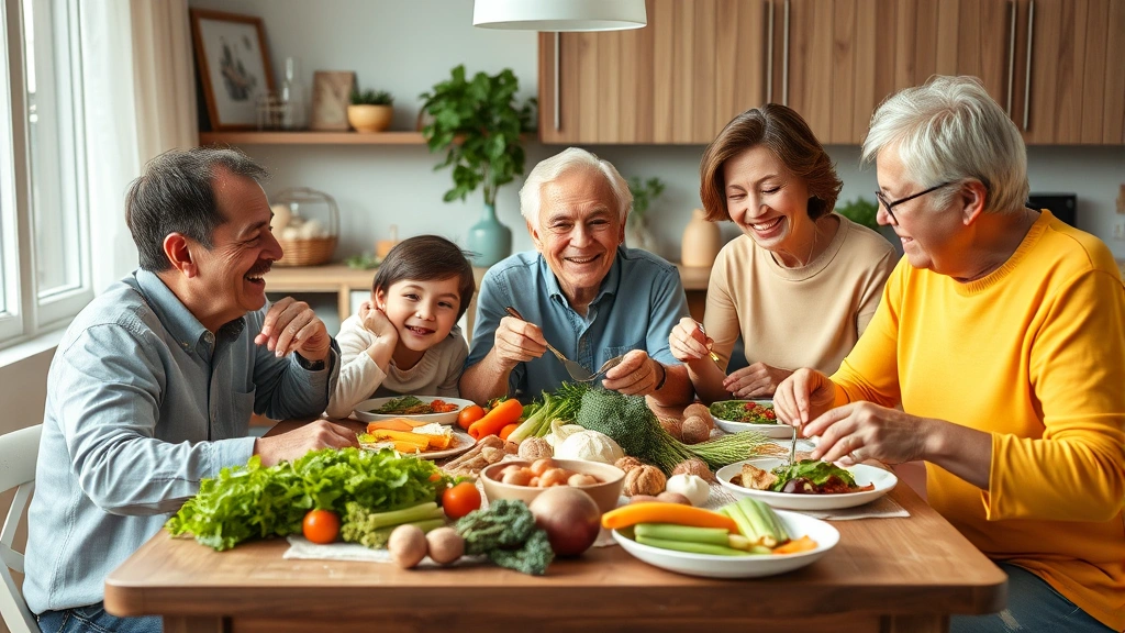 Happy multigenerational family enjoying a nutritious meal together at home, with fresh vegetables and wholesome food on the table