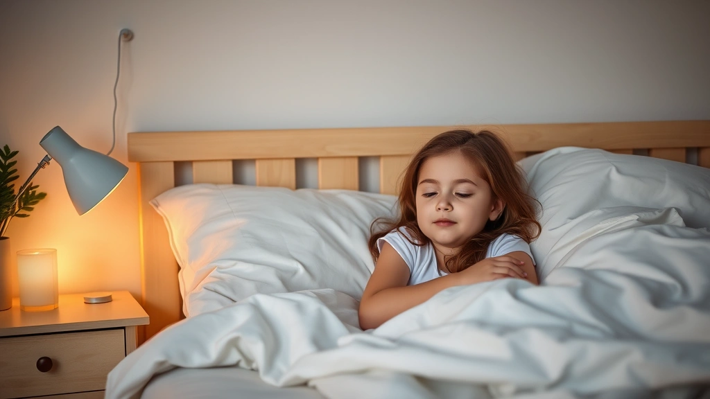 Young girl in cozy bedroom with proper sleep setup, calm environment with soft lighting, comfortable bedding, peaceful nighttime wellness scene