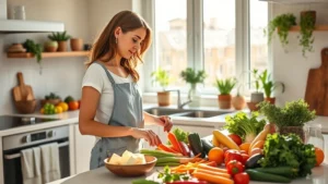 Woman in modern kitchen preparing colorful vegetables and whole foods, natural morning light streaming through windows, peaceful wellness atmosphere, healthy meal preparation scene
