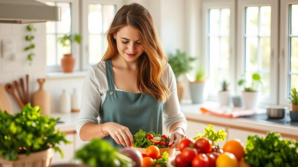 Woman in bright kitchen preparing colorful salad with fresh vegetables, natural morning light streaming through windows, serene and nourishing atmosphere