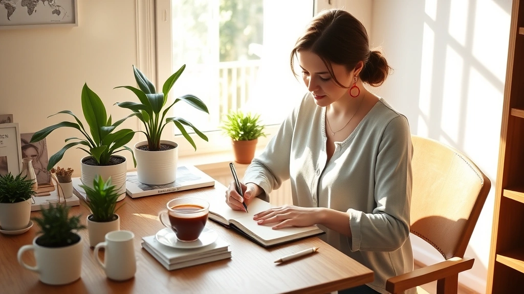 Woman writing in wellness journal with tea and plants on wooden desk, morning sunlight streaming through window, peaceful home office setting