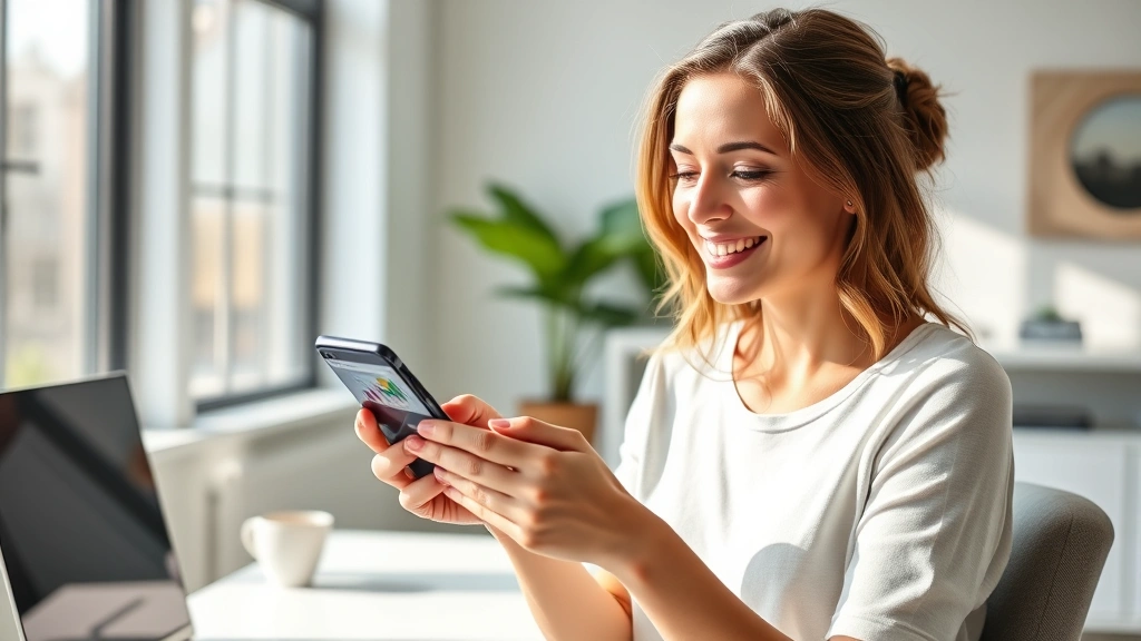 Woman reviewing health metrics on smartphone in bright modern home office, natural sunlight streaming through windows, relaxed confident expression, wellness dashboard visible on screen