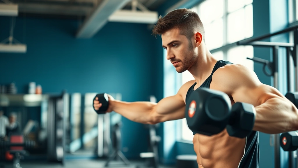 Athletic person performing functional fitness exercise in bright gym with natural light, dumbbells and resistance equipment visible, focused and strong posture, professional fitness environment