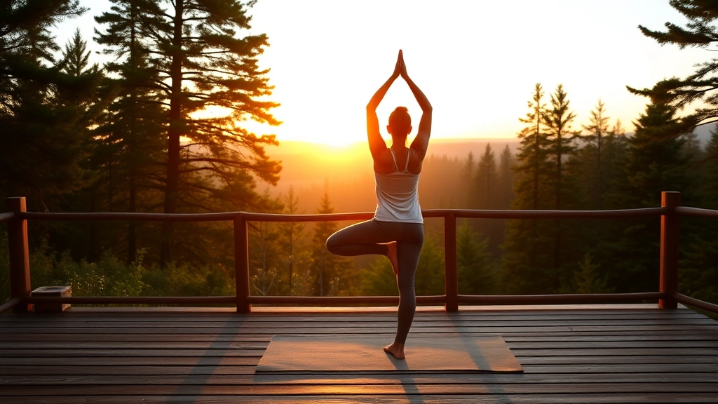 Person doing yoga on wooden deck overlooking peaceful forest landscape, sunrise lighting, embodying wellness and mindful movement in nature