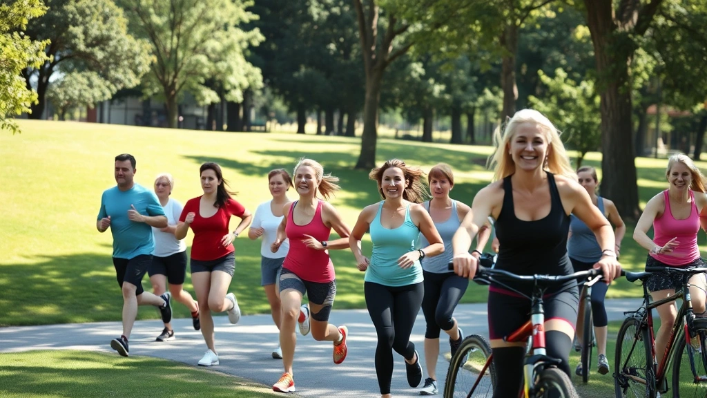 Diverse group of people exercising outdoors in park—running, stretching, cycling—various ages and fitness levels, sunny afternoon, joyful atmosphere