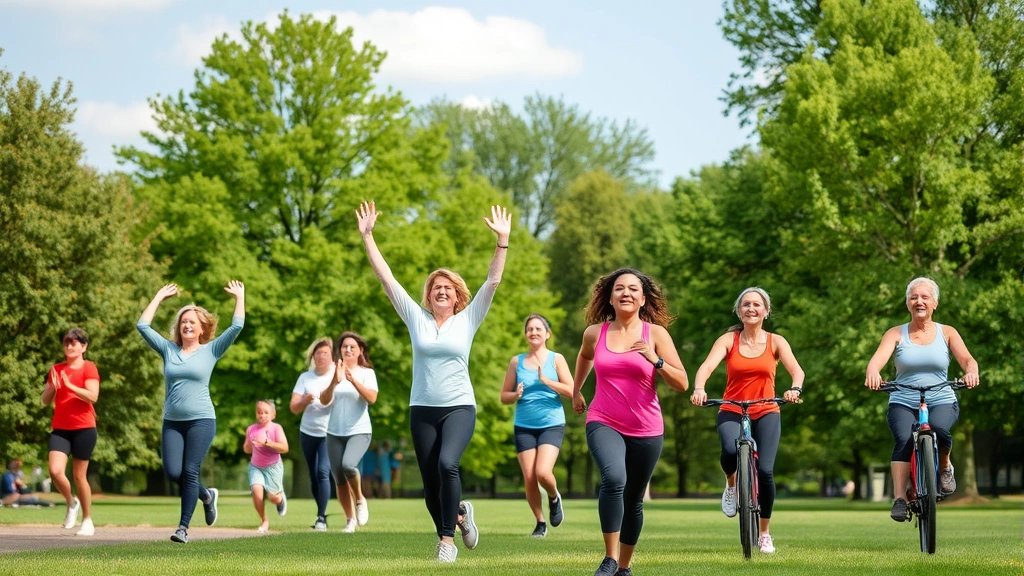 Diverse group of people exercising outdoors in park—yoga, running, cycling—representing different ages and abilities, green trees and open sky, joyful movement and community wellness