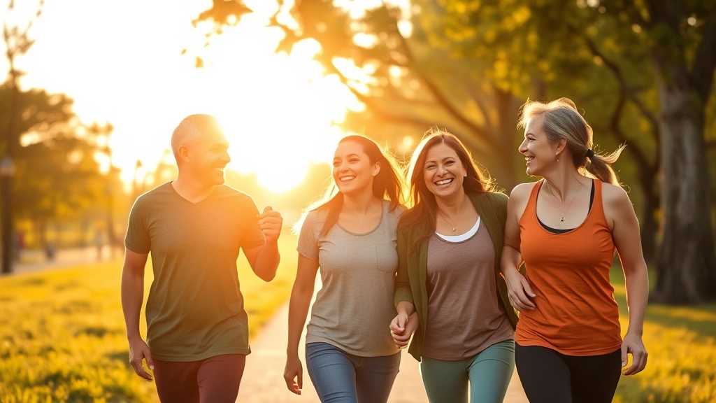 Family laughing together during evening walk through park, golden hour light, wearing comfortable athletic wear, showing community and shared wellness joy