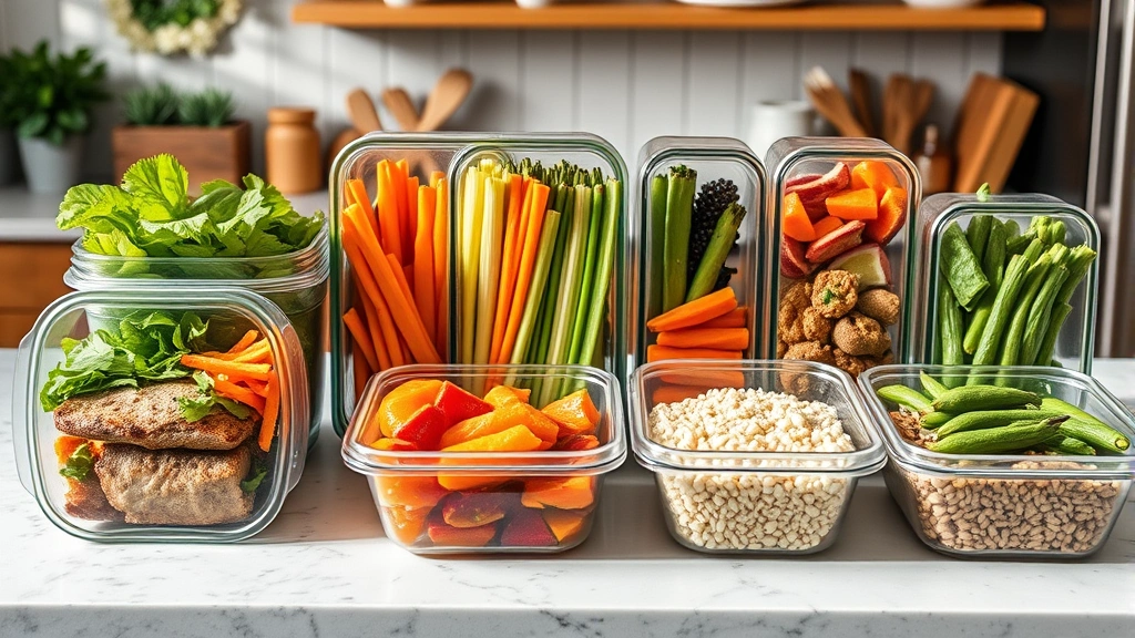 Nutritious meal prep containers with colorful vegetables, proteins, and grains arranged on kitchen counter, fresh ingredients visible, bright natural lighting