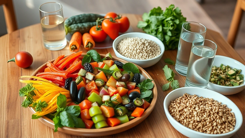 Colorful Mediterranean-inspired meal spread on wooden table with fresh vegetables, whole grains, and water glass, warm natural lighting, minimal styling emphasizing healthy nutrition choices