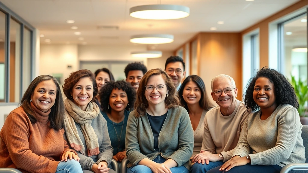 Diverse community members smiling in a modern, welcoming medical clinic waiting room with warm lighting and comfortable seating, natural wood tones, diverse ages and ethnicities visible