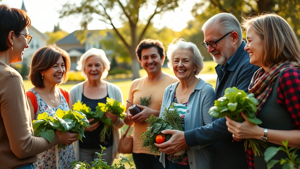 Diverse community members of different ages and ethnicities gathering outdoors in a sunny neighborhood park, holding fresh vegetables from community garden, smiling and connecting together, warm natural lighting