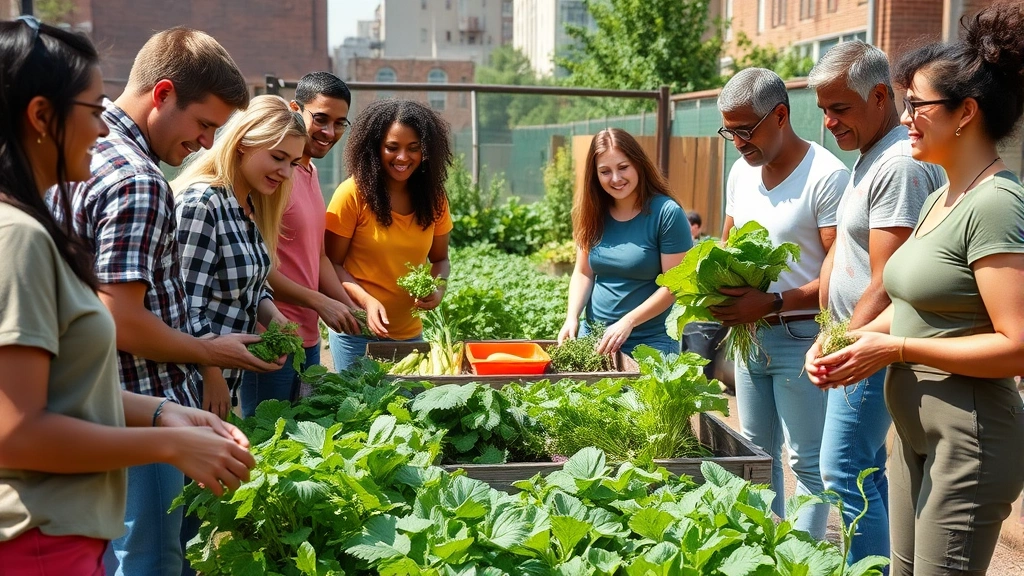 Diverse neighbors gathered in a community garden, harvesting fresh vegetables together on a sunny day, wearing casual colorful clothes, genuine smiles, urban setting with raised garden beds