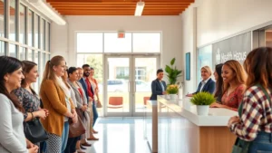 Diverse community members of various ages and ethnicities gathering in a bright, modern neighborhood health center waiting room, smiling and checking in at reception desk, warm natural lighting through large windows
