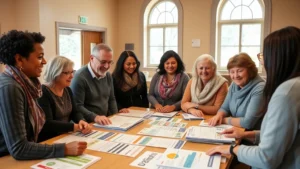 Diverse group of neighbors gathered in community center, smiling while reviewing health partnership documents and program materials on table, natural lighting, warm atmosphere