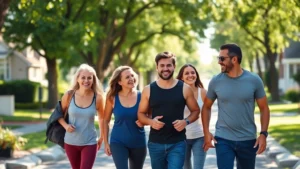 Diverse group of neighbors walking together on tree-lined suburban street on sunny morning, smiling and conversing, wearing casual athletic clothes, natural lighting