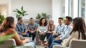 Diverse group of people of different ages and ethnicities sitting in a community health center waiting room, smiling and chatting, modern bright clinic interior with plants and natural light