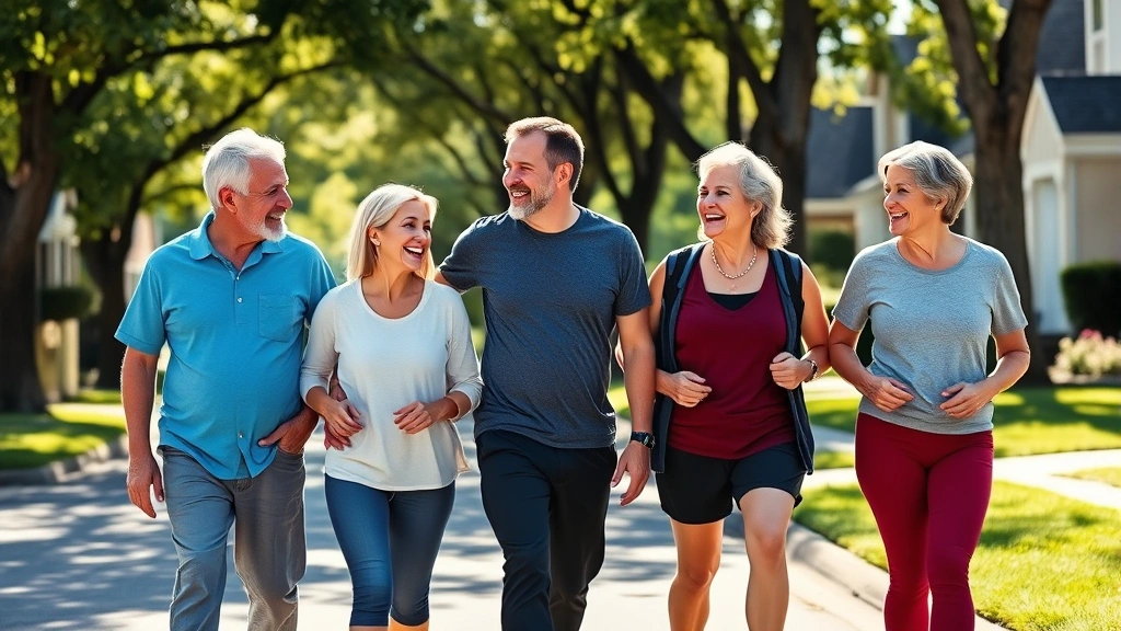 Diverse neighbors of different ages walking together on tree-lined residential street on sunny morning, smiling and conversing naturally, wearing casual athletic wear