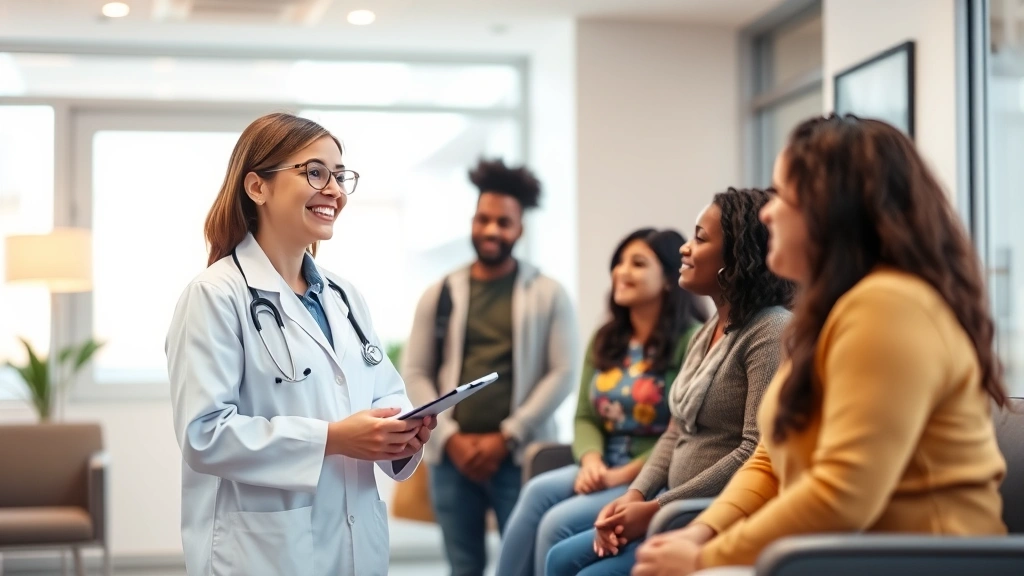 Diverse community members and a friendly female doctor in white coat consulting in a bright, modern neighborhood clinic waiting room with warm lighting and welcoming atmosphere