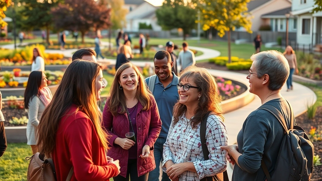 Diverse community members of various ages gathering outdoors in a vibrant neighborhood park, smiling and engaging in conversation, with colorful community garden beds and walking paths visible in background, golden hour lighting, warm and welcoming atmosphere