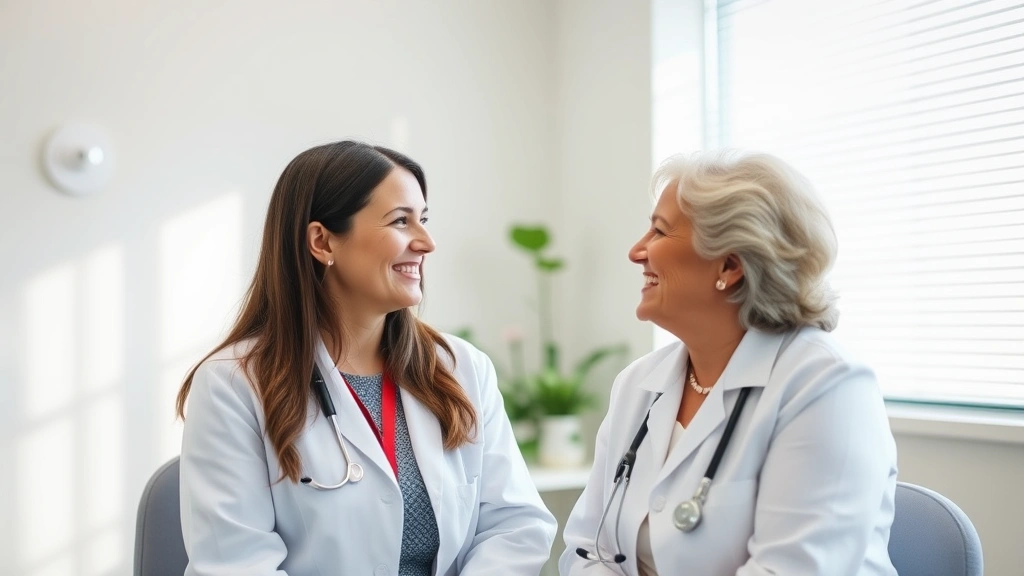 Healthcare provider in white coat having friendly conversation with patient during wellness visit in bright clinic exam room, both smiling, showing genuine connection and care