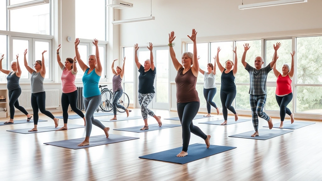 Group fitness class in community center with mixed-age participants doing yoga or stretching exercises, bright modern facility with large windows, inclusive and energetic atmosphere, people of various abilities participating