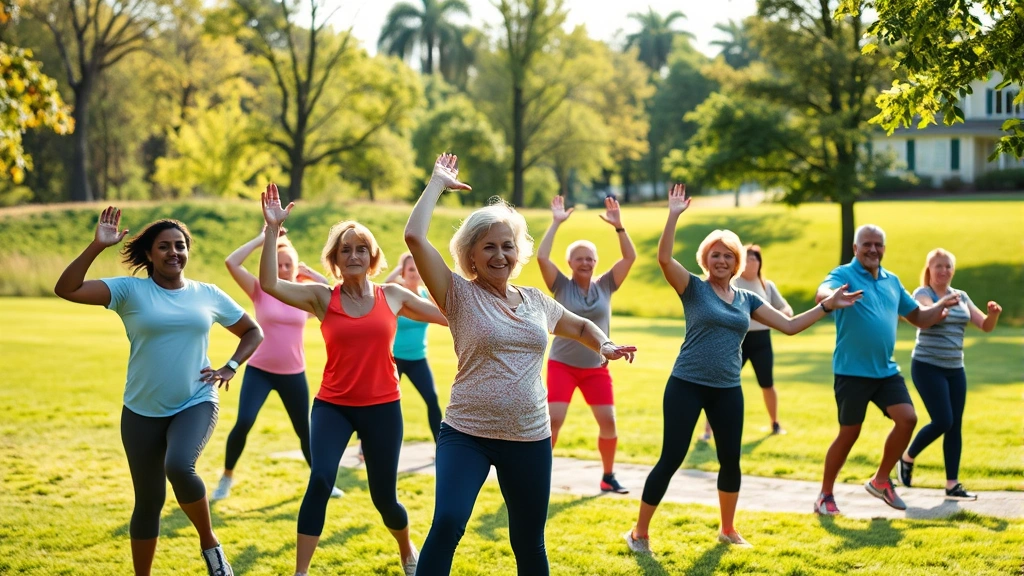 Group of community members of various ages participating in outdoor fitness class in a neighborhood park, exercising together with natural energy, green grass backdrop, morning light