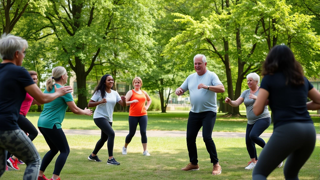 Community members participating in outdoor group fitness activity in neighborhood park, various ages and abilities, instructor leading with inclusive energy, green trees background