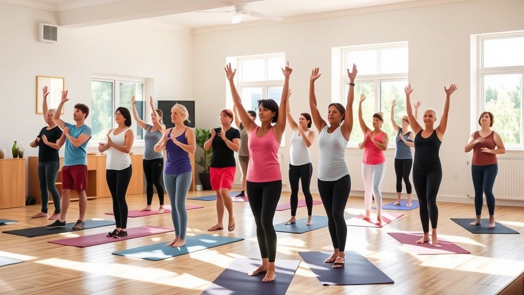Group fitness class in community health center with diverse participants exercising together, yoga mats visible, natural sunlight, healthy and energetic atmosphere