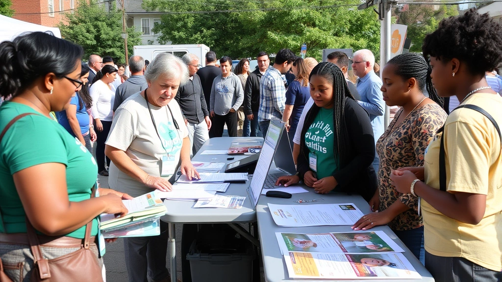 Multi-generational neighborhood volunteers working together at health fair booth, offering free health screenings and wellness education, colorful informational materials, diverse community members engaged and learning