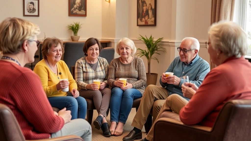 Multigenerational neighborhood residents sitting in circle during health discussion group, holding beverages, engaged listening faces, comfortable community space with soft lighting