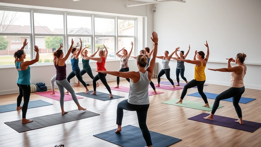 Group fitness class in community center with diverse participants doing yoga or stretching exercises together on mats, instructor demonstrating pose, bright spacious room with windows overlooking neighborhood