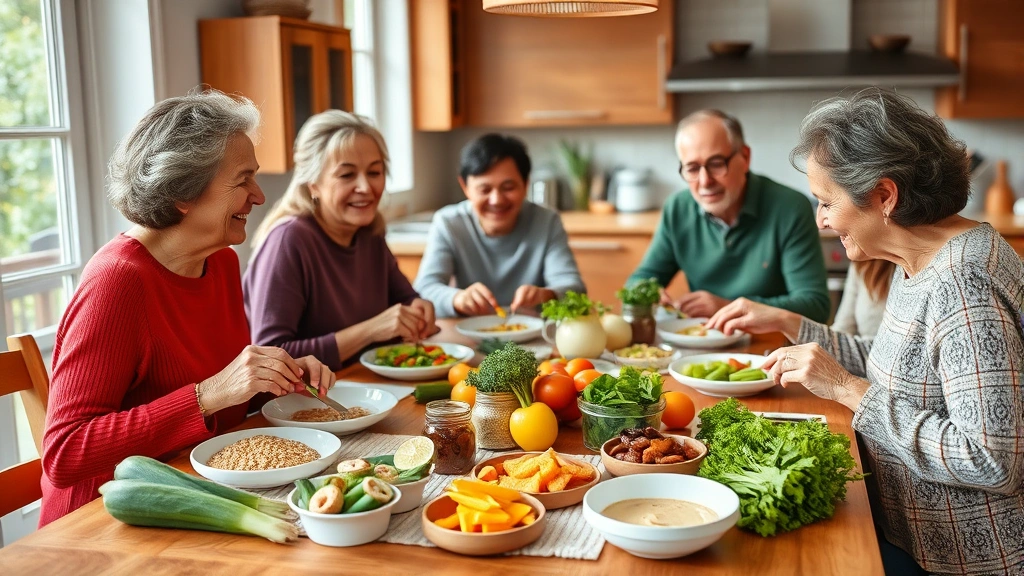 Multi-generational family having a healthy meal together at a dining table with fresh vegetables, whole grains, and colorful foods, warm home kitchen setting with natural window light