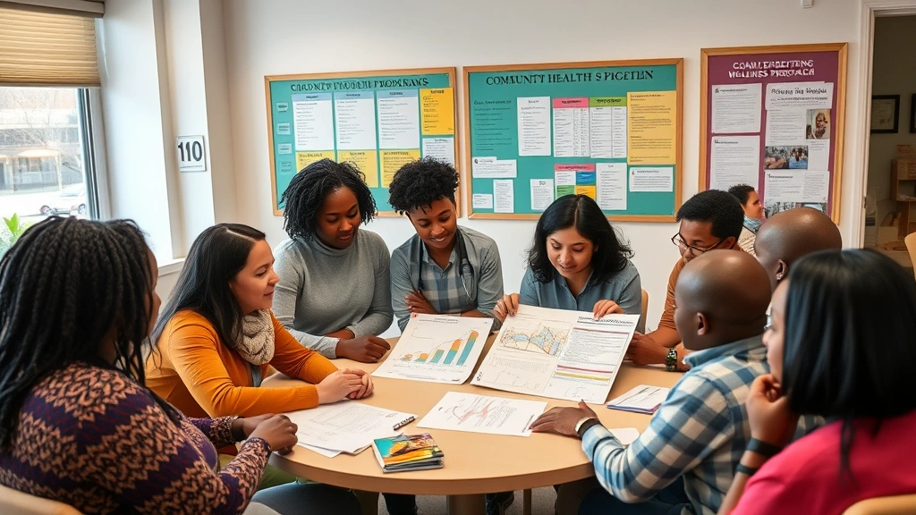 Group of community health workers and residents collaborating indoors during a neighborhood health meeting, people of different ethnicities reviewing charts and health data together, with community bulletin board displaying wellness programs in background, professional yet warm setting