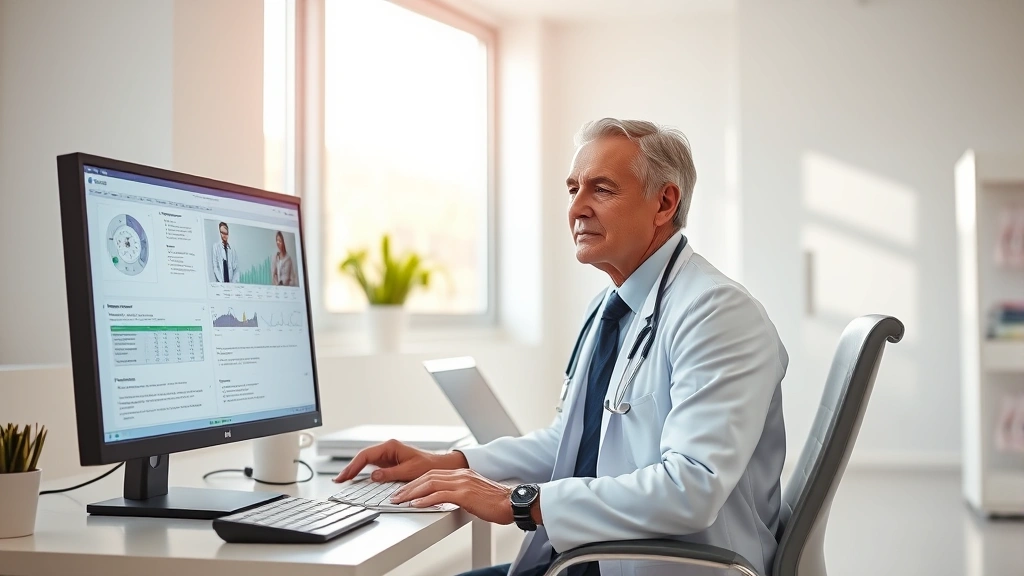 Modern healthcare provider sitting at desktop workstation reviewing patient records on large monitor in bright clinical office with natural light streaming through windows