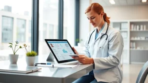 Healthcare professional using tablet at modern clinic desk with patient records displayed, natural lighting, professional workspace environment