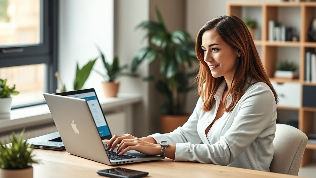 Professional woman sitting at home office desk using laptop to access health portal, modern minimalist workspace with plants, warm natural lighting, confident expression, healthcare technology interface visible on screen