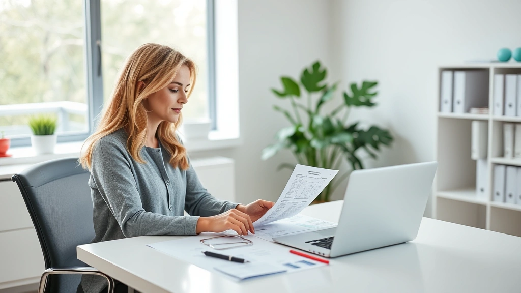 Professional woman sitting at modern desk with laptop, reviewing healthcare charts and medical documents, natural daylight from window, calm clinical office environment, health-focused workspace