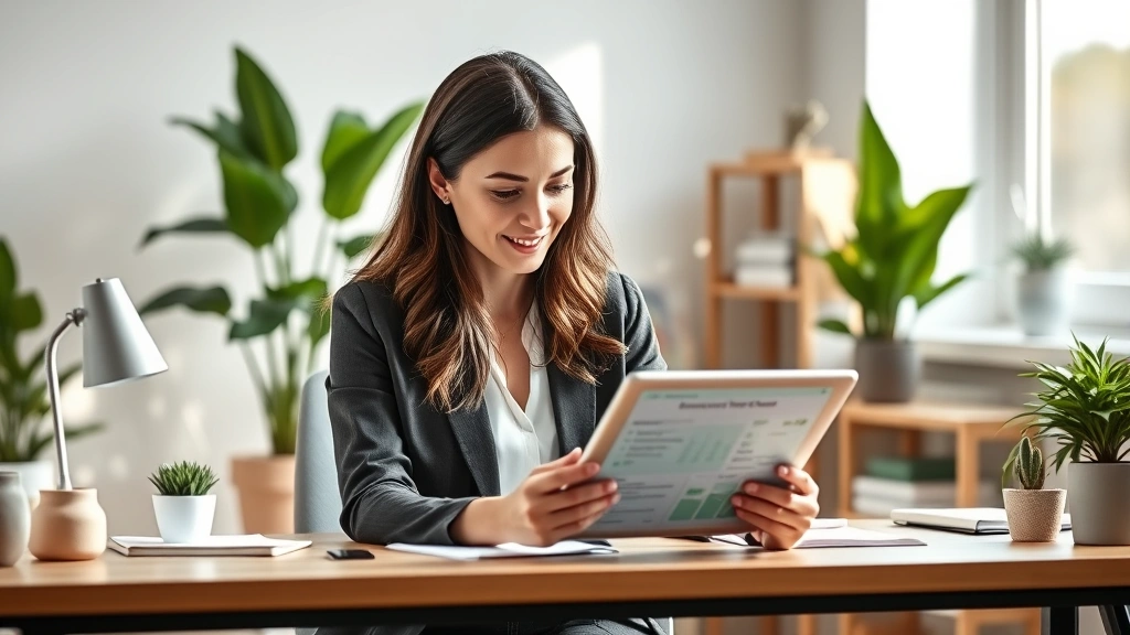 Professional woman in modern home office reviewing health data on tablet, soft natural lighting, wellness-focused environment with plants, calm and organized desk space