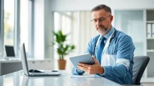 Healthcare provider using tablet at modern clinic desk, focused expression, natural lighting, contemporary medical office environment with soft background blur