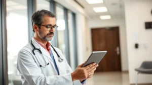 Healthcare professional using tablet in modern clinic, reviewing patient data on screen, natural office lighting, focused expression, contemporary medical workspace
