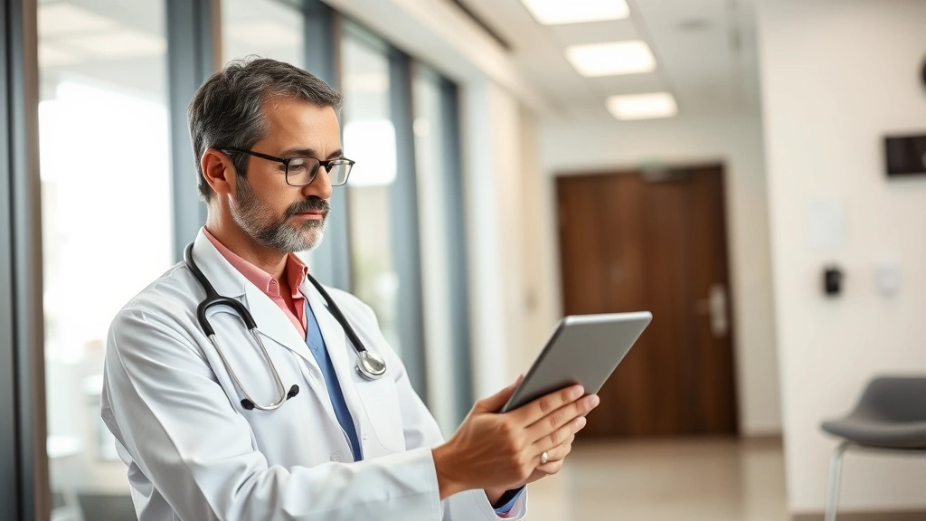 Healthcare professional using tablet in modern clinic, reviewing patient data on screen, natural office lighting, focused expression, contemporary medical workspace