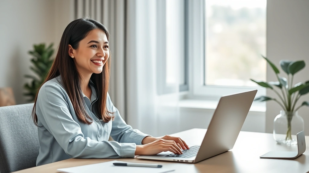 Professional woman sitting at home office desk, smiling at laptop screen displaying healthcare portal dashboard with medical charts and appointment calendar visible, bright natural window light, modern minimalist workspace with plant, healthcare technology concept