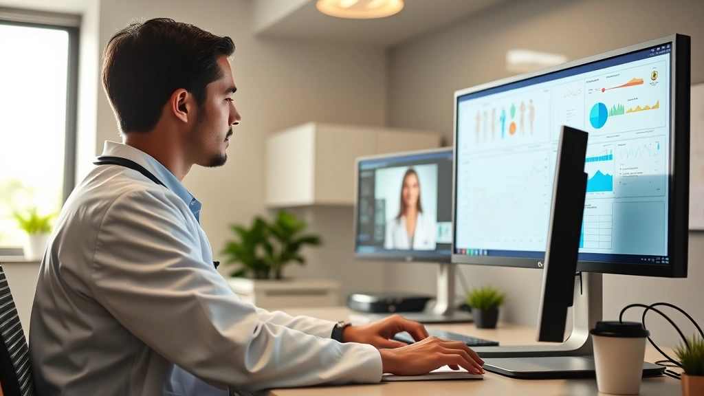 Healthcare provider at modern desk reviewing digital patient charts on multiple monitors, natural office lighting, professional medical environment, contemporary clinic setting