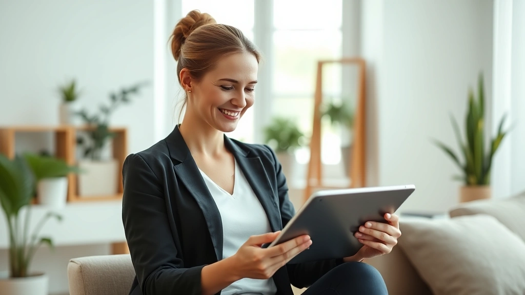 Professional woman smiling while using tablet at home, checking health portal app with soft natural lighting, minimalist home office background, wellness-focused lifestyle photography