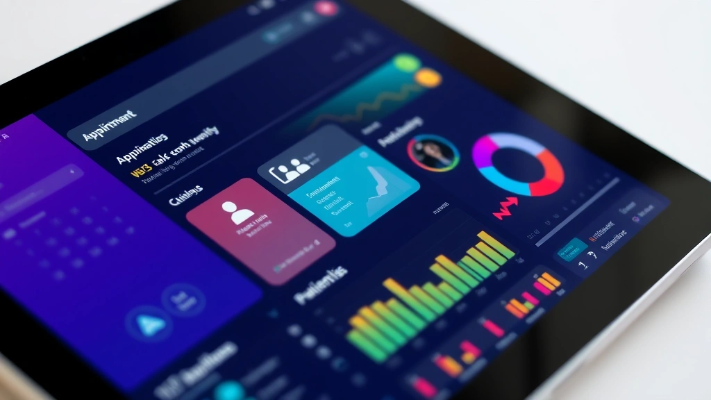Close-up of tablet screen displaying colorful health dashboard with appointment calendar, patient list, and clinical metrics in sleek interface design