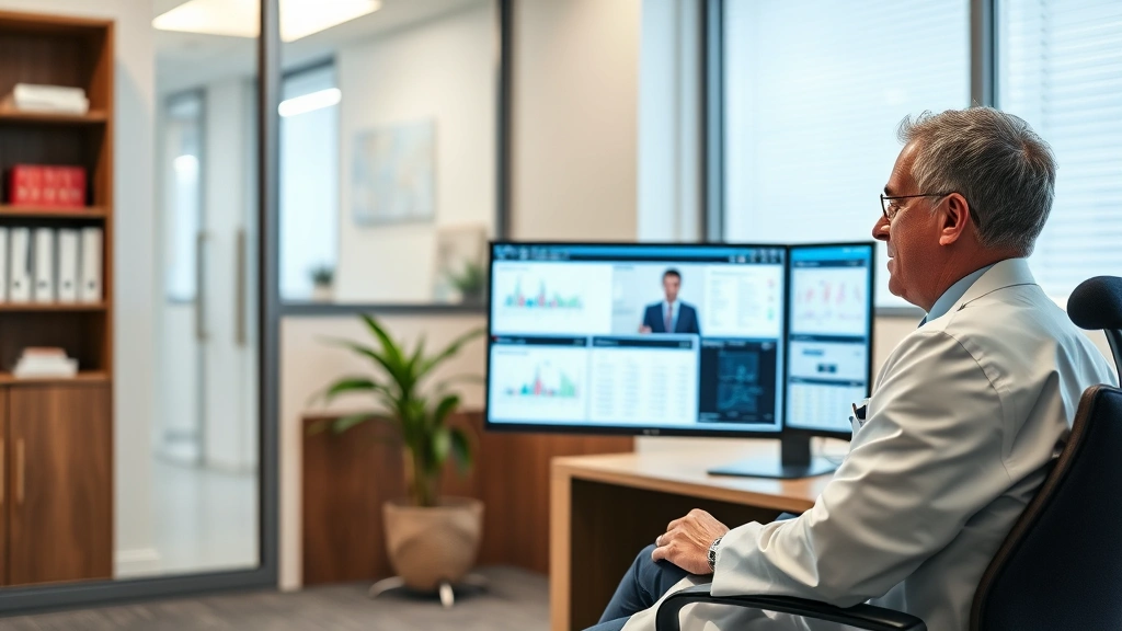 Doctor reviewing patient charts on computer monitor in private office setting, focused expression, contemporary medical office interior design