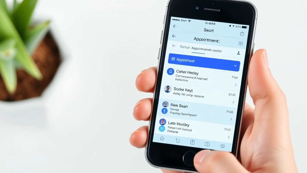 Close-up of hands holding smartphone displaying health appointment calendar interface, clean white background, appointment notifications and scheduling visible, modern wellness aesthetic