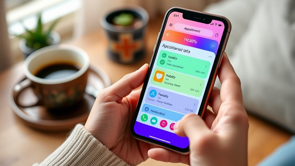 Close-up of hands holding smartphone displaying colorful health app interface with appointment calendar and medication reminders, warm home setting with coffee cup nearby