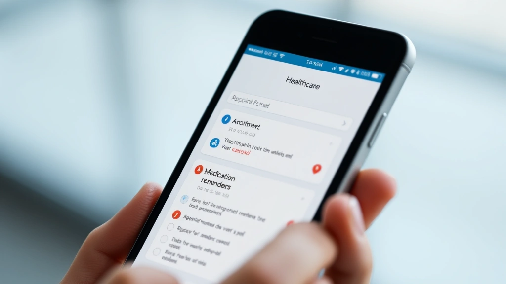 Close-up of smartphone displaying healthcare portal interface with appointment calendar and medication reminders, hands holding device, modern minimalist design aesthetic
